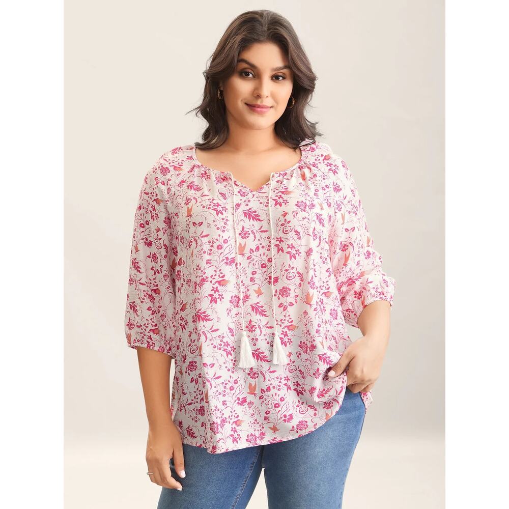 Bloomchic Plus Size 26 4x Floral Tassels Blouse Bohemian boho Oversized Top